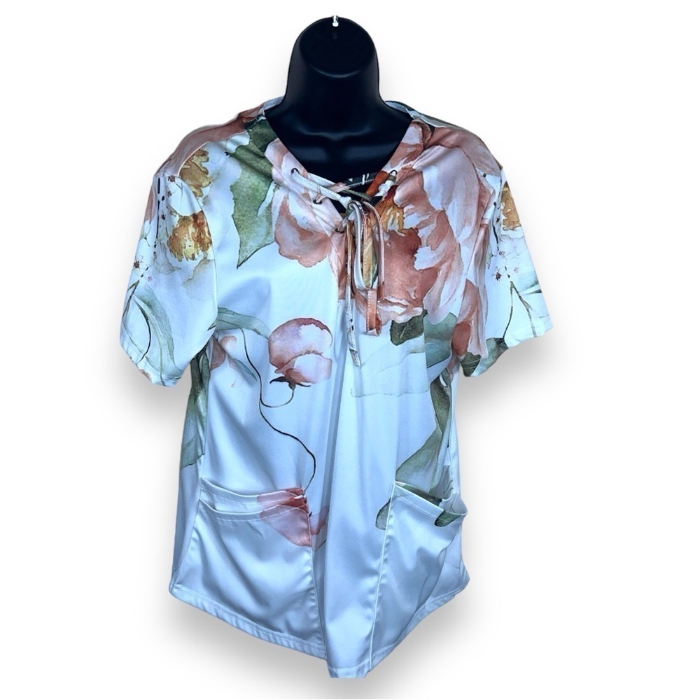 SMALL WHITE FLORAL SHORT SLEEVE TOP STRETCH STRAPPY NECKLINE POCKET